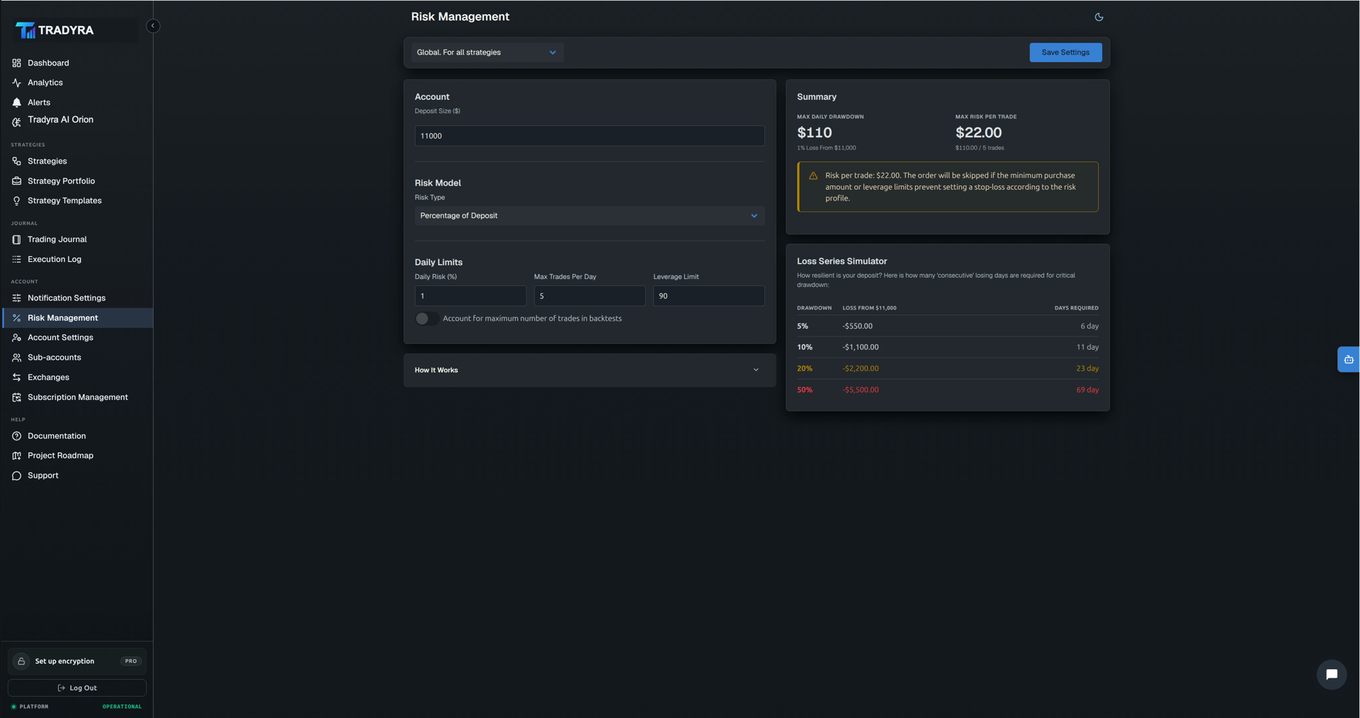 Tradyra platform — strategy builder, backtest, portfolio, journal, risk management — view 11 of 13