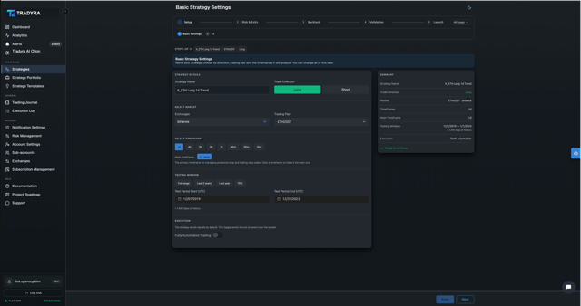 Tradyra no-code strategy builder — 10-step wizard for crypto trading bots — view 1 of 17