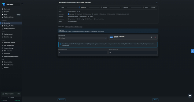 Tradyra no-code strategy builder — 10-step wizard for crypto trading bots — view 4 of 17