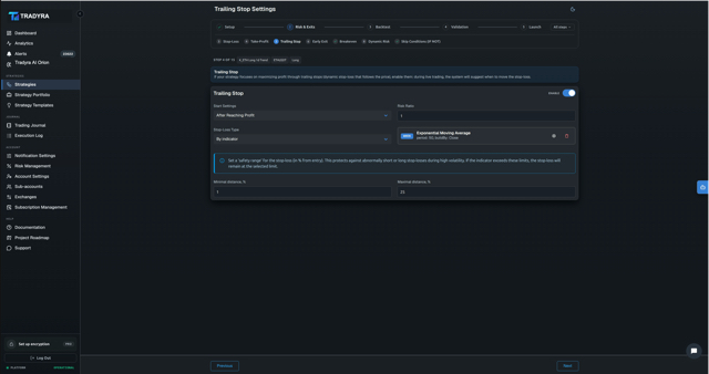 Tradyra no-code strategy builder — 10-step wizard for crypto trading bots — view 6 of 17